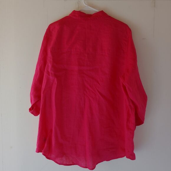 Sigrid Olsen Top Plus Size 2X Hot Pink Linen Button Up Roll Tab Sleeve Shirt - Picture 5 of 6